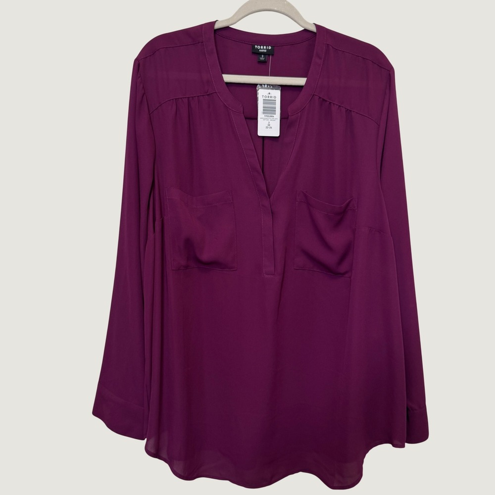 Torrid Harper Georgette Pullover Blouse 3X Burgundy L/S Split Neck Office